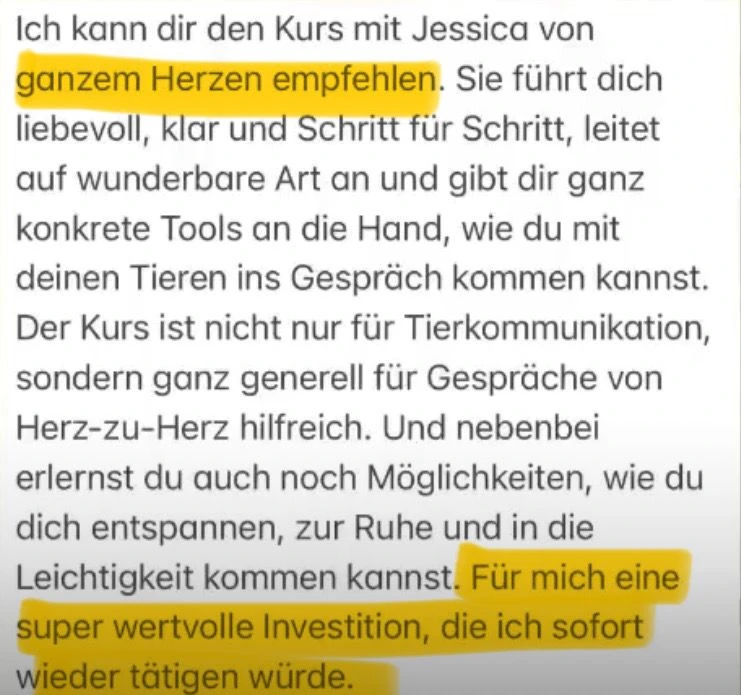 Kundenstimme: Jessica führt liebevoll und Schritt für Schritt, eine wertvolle Investition, die ich sofort wieder tätigen würde